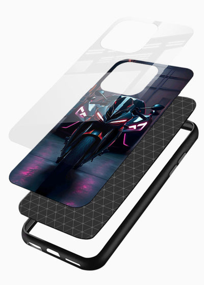 Neon sports bike artwork on glossy tempered glass phone back cover - 3