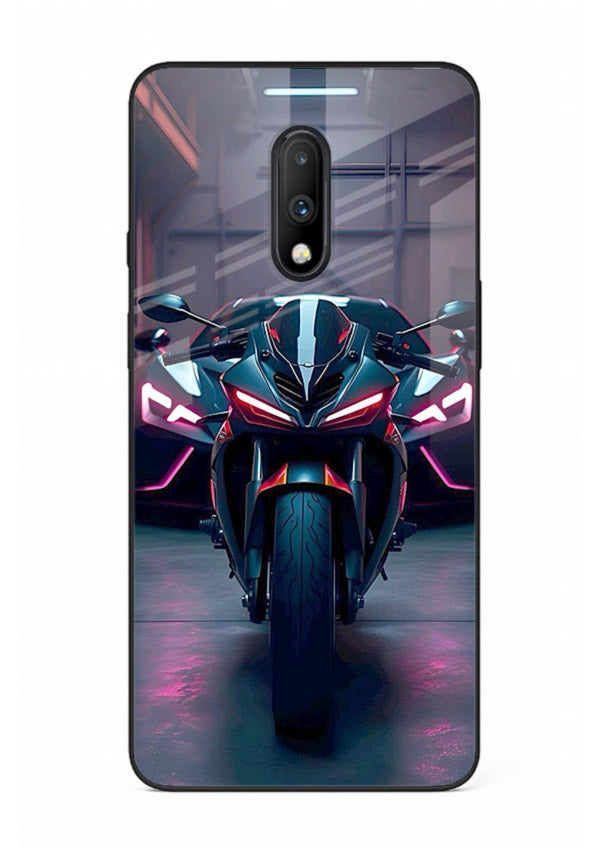 Neon sports bike artwork on glossy tempered glass OnePlus 7 back cover