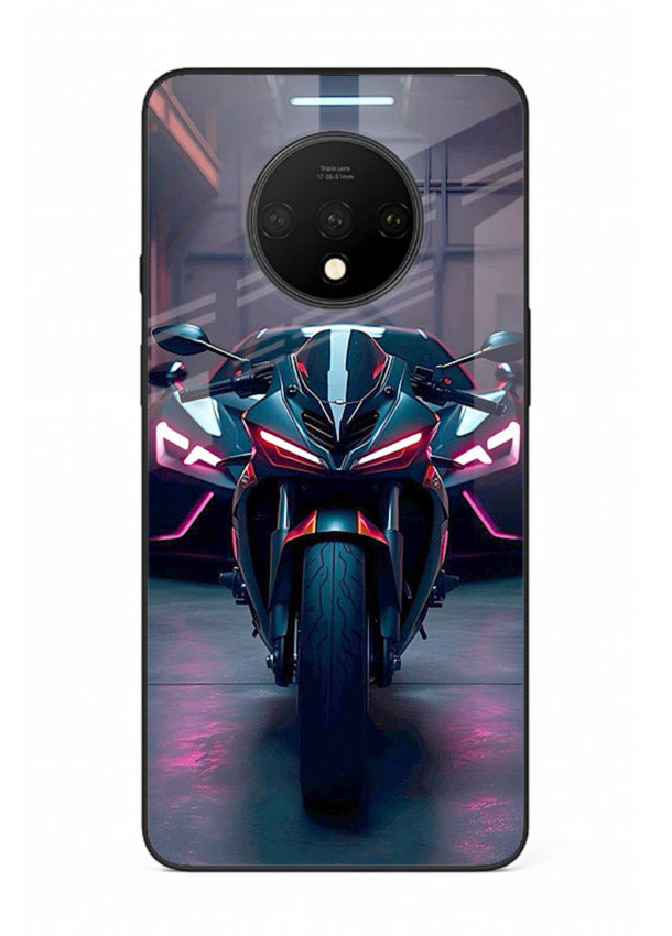 Neon sports bike artwork on glossy tempered glass OnePlus 7T back cover