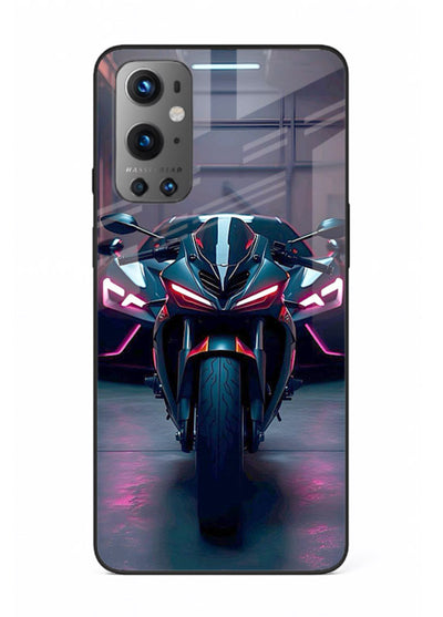 Neon sports bike artwork on glossy tempered glass OnePlus 9 back cover