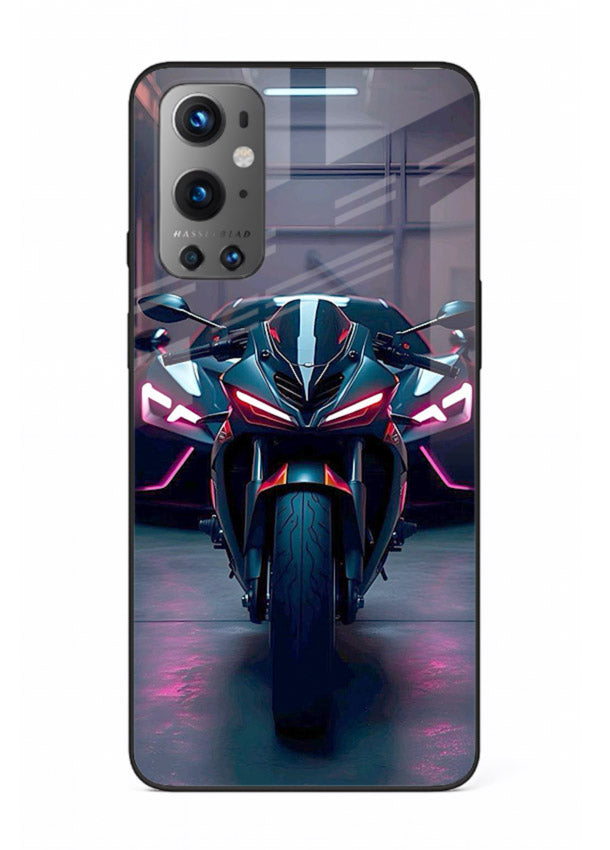 Neon sports bike artwork on glossy tempered glass OnePlus 9 back cover