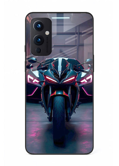 Neon sports bike artwork on glossy tempered glass OnePlus 9 Pro back cover