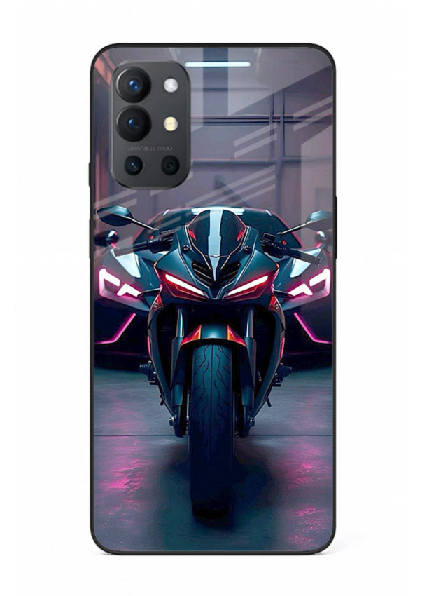 Neon sports bike artwork on glossy tempered glass OnePlus 9R back cover