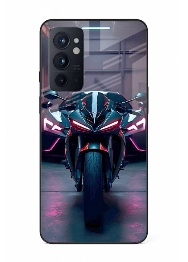 Neon sports bike artwork on glossy tempered glass OnePlus 9RT back cover