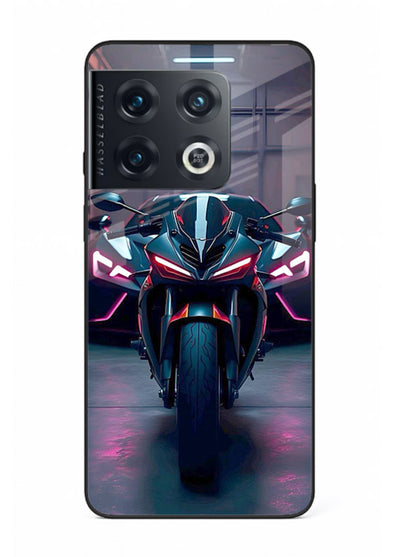 Neon sports bike artwork on glossy tempered glass OnePlus 10 Pro back cover
