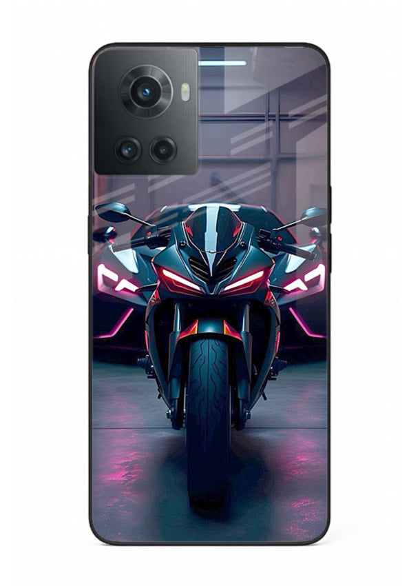 Neon sports bike artwork on glossy tempered glass OnePlus 10R back cover