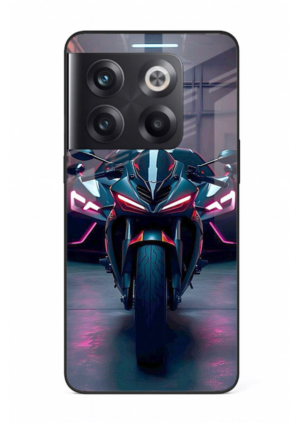 Neon sports bike artwork on glossy tempered glass OnePlus 10T back cover