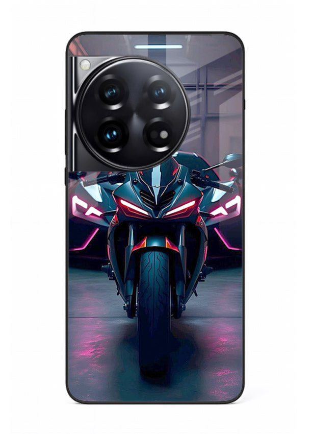 Neon sports bike artwork on glossy tempered glass OnePlus 12 back cover