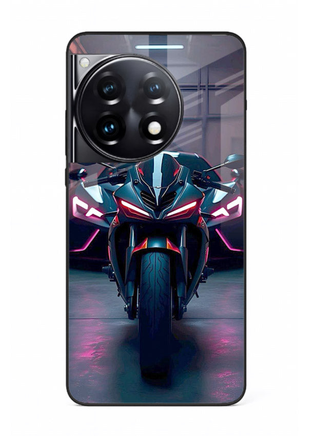 Neon sports bike artwork on glossy tempered glass OnePlus 12R back cover