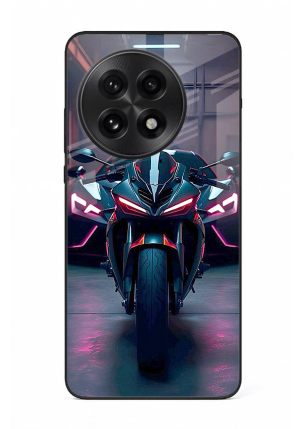 Neon sports bike artwork on glossy tempered glass OnePlus 13R back cover