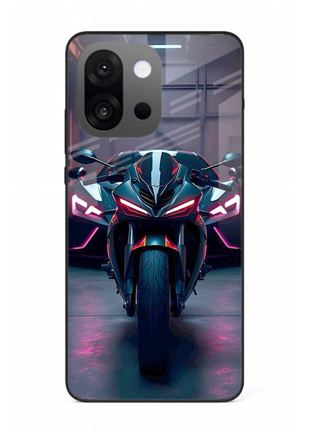 Neon sports bike artwork on glossy tempered glass OnePlus 13s back cover