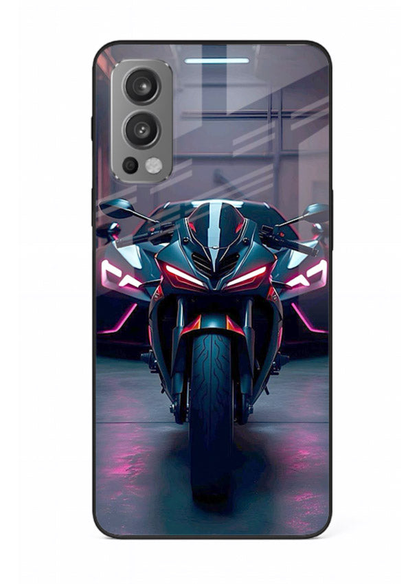 Neon sports bike artwork on glossy tempered glass OnePlus Nord 2 back cover