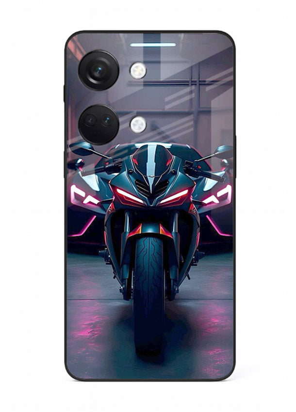 Neon sports bike artwork on glossy tempered glass OnePlus Nord 3 back cover