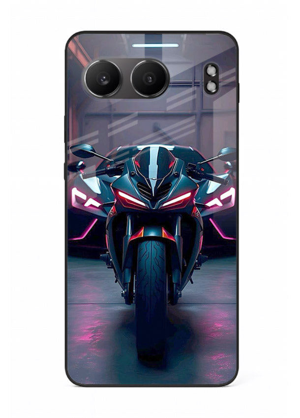 Neon sports bike artwork on glossy tempered glass OnePlus Nord 4 back cover