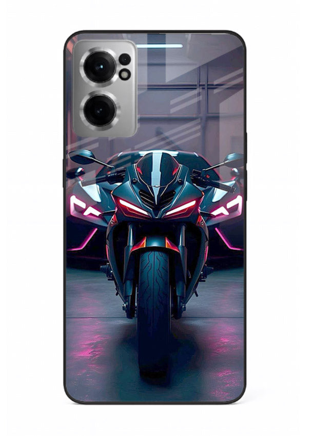 Neon sports bike artwork on glossy tempered glass OnePlus Nord CE2 5G back cover
