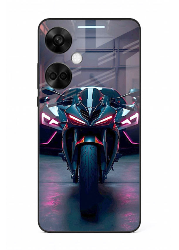 Neon sports bike artwork on glossy tempered glass OnePlus Nord CE3 back cover