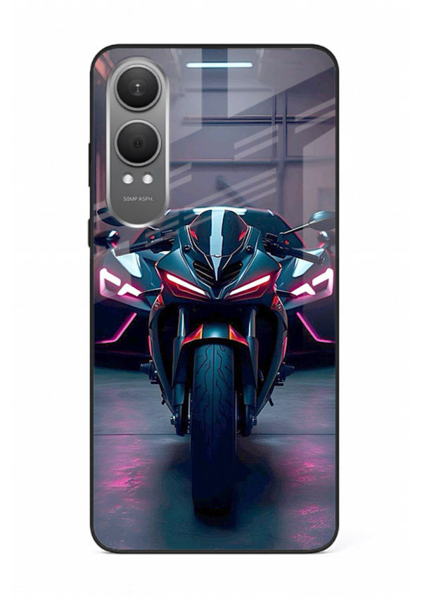 Neon sports bike artwork on glossy tempered glass OnePlus Nord CE4 Lite back cover