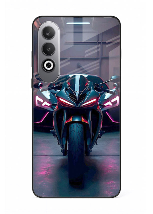 Neon sports bike artwork on glossy tempered glass OnePlus Nord CE4 back cover