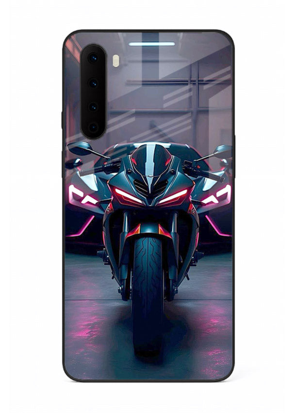 Neon sports bike artwork on glossy tempered glass OnePlus Nord back cover