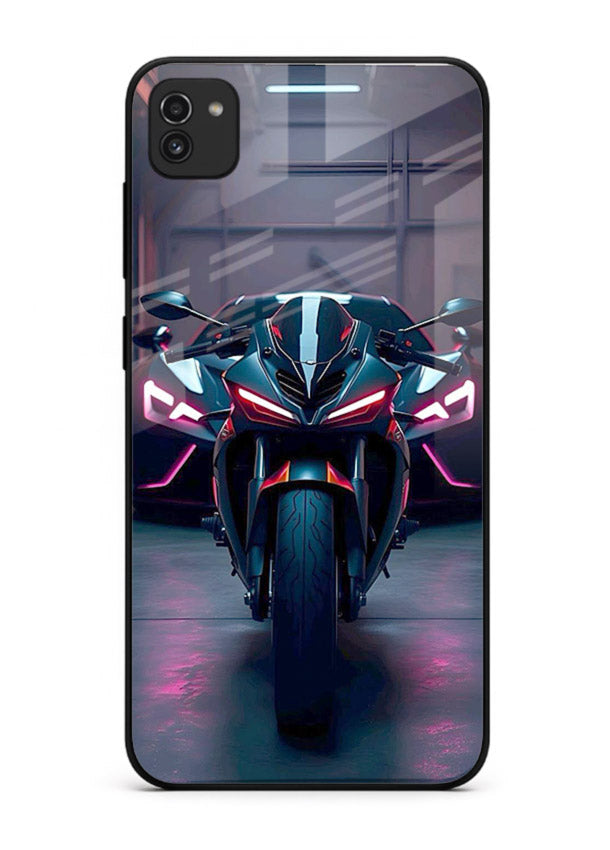 Neon sports bike artwork on glossy tempered glass Samsung A03 back cover