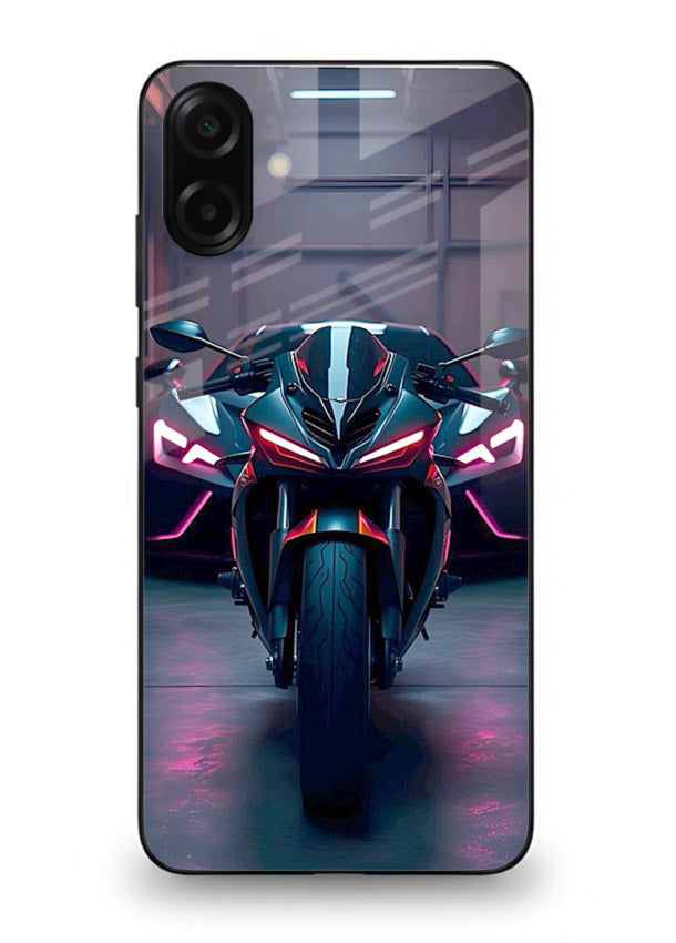 Neon sports bike artwork on glossy tempered glass Samsung M13 5G back cover