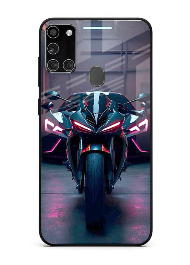 Neon sports bike artwork on glossy tempered glass Samsung A21s back cover