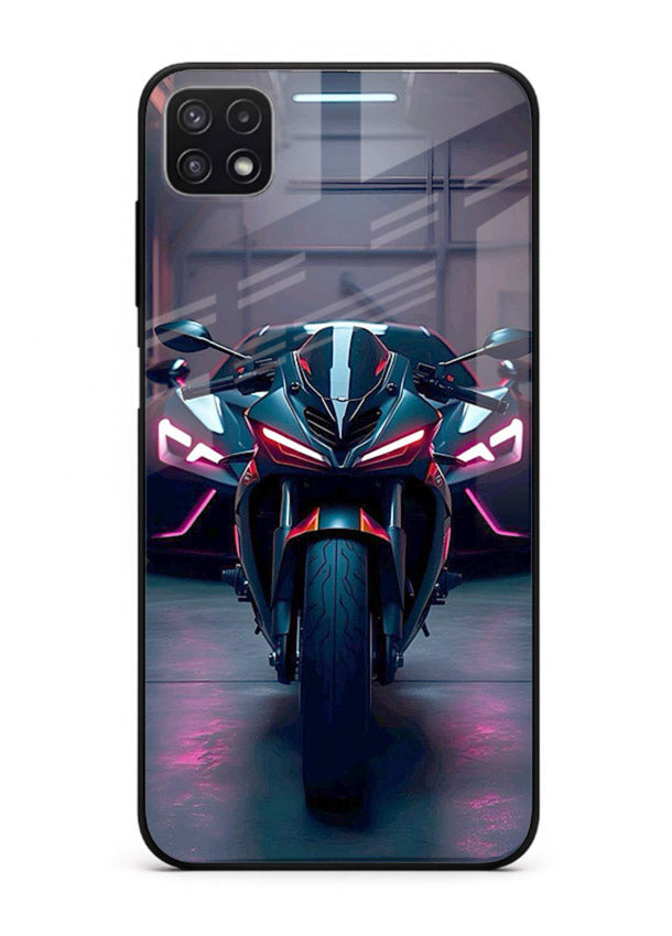 Neon sports bike artwork on glossy tempered glass Samsung F42 5G back cover