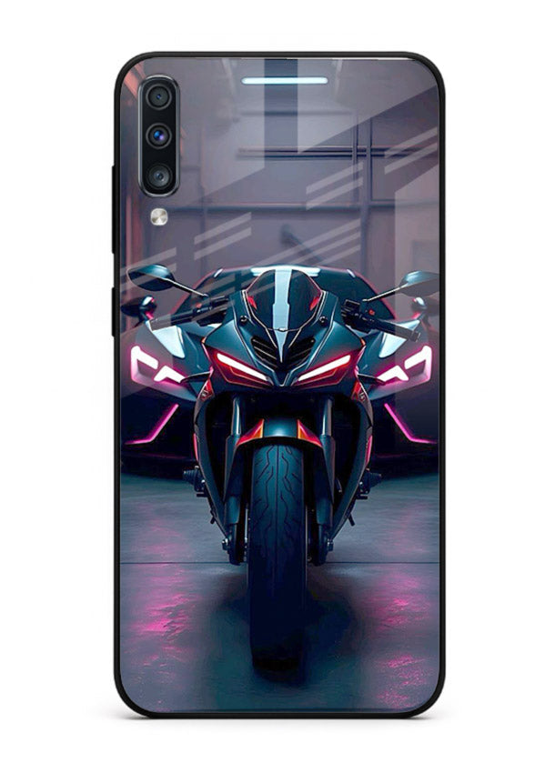 Neon sports bike artwork on glossy tempered glass Samsung A50 back cover