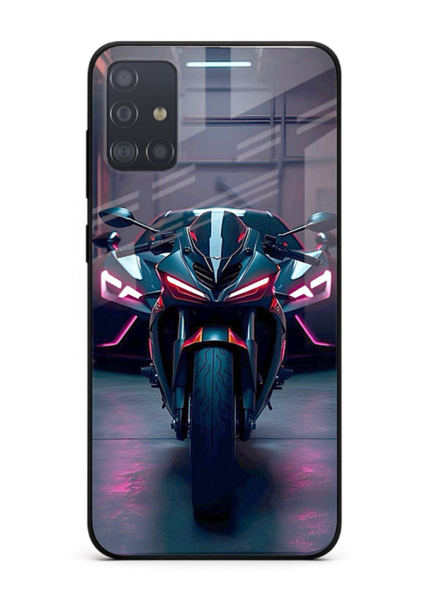 Neon sports bike artwork on glossy tempered glass Samsung A51 back cover
