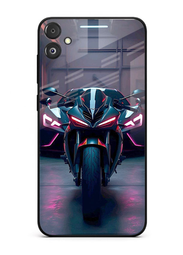 Neon sports bike artwork on glossy tempered glass Samsung F04 5G back cover