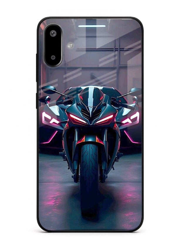Neon sports bike artwork on glossy tempered glass Samsung F06 5G back cover