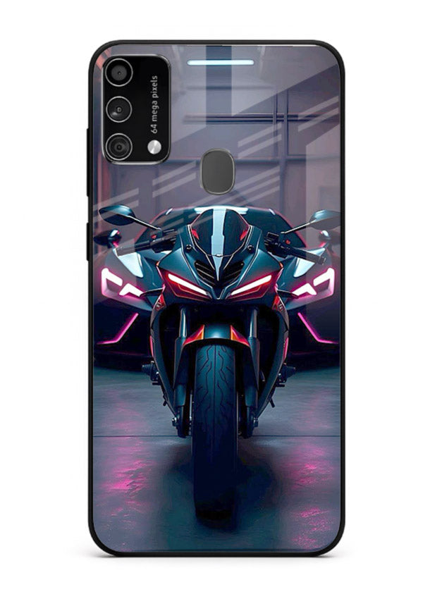 Neon sports bike artwork on glossy tempered glass Samsung F41 back cover
