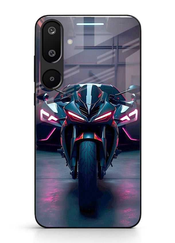 Neon sports bike artwork on glossy tempered glass Samsung F16 5G back cover
