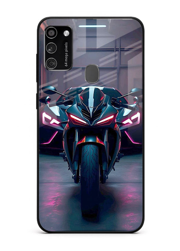 Neon sports bike artwork on glossy tempered glass Samsung M30s back cover
