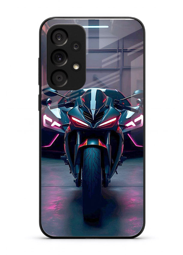 Neon sports bike artwork on glossy tempered glass Samsung A23 5G back cover