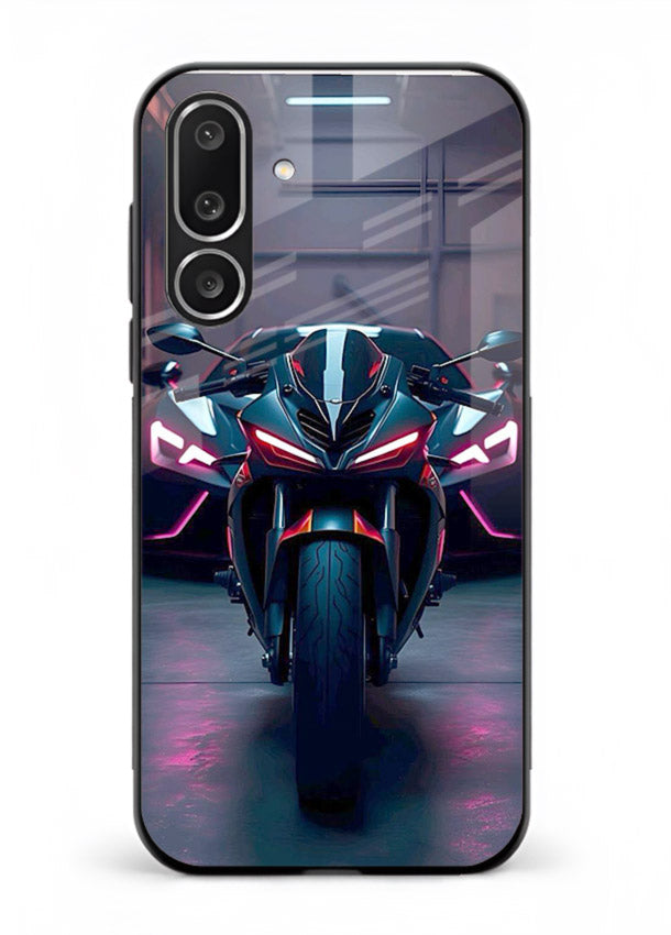 Neon sports bike artwork on glossy tempered glass Samsung F56 5G back cover