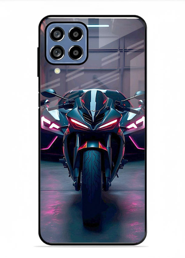 Neon sports bike artwork on glossy tempered glass Samsung M33 5G back cover