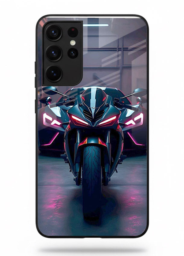 Neon sports bike artwork on glossy tempered glass Samsung S21 Ultra back cover