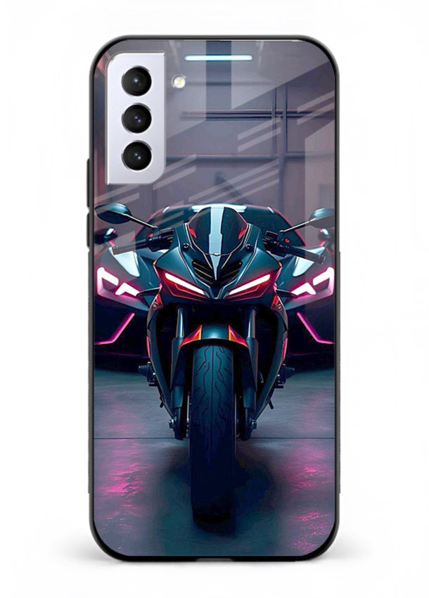 Neon sports bike artwork on glossy tempered glass Samsung S21 Plus back cover