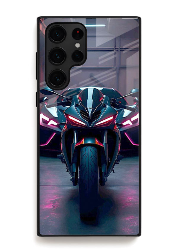 Neon sports bike artwork on glossy tempered glass Samsung S25 Ultra back cover