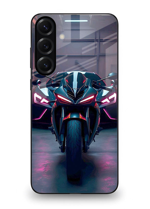 Neon sports bike artwork on glossy tempered glass Samsung A16 5G back cover