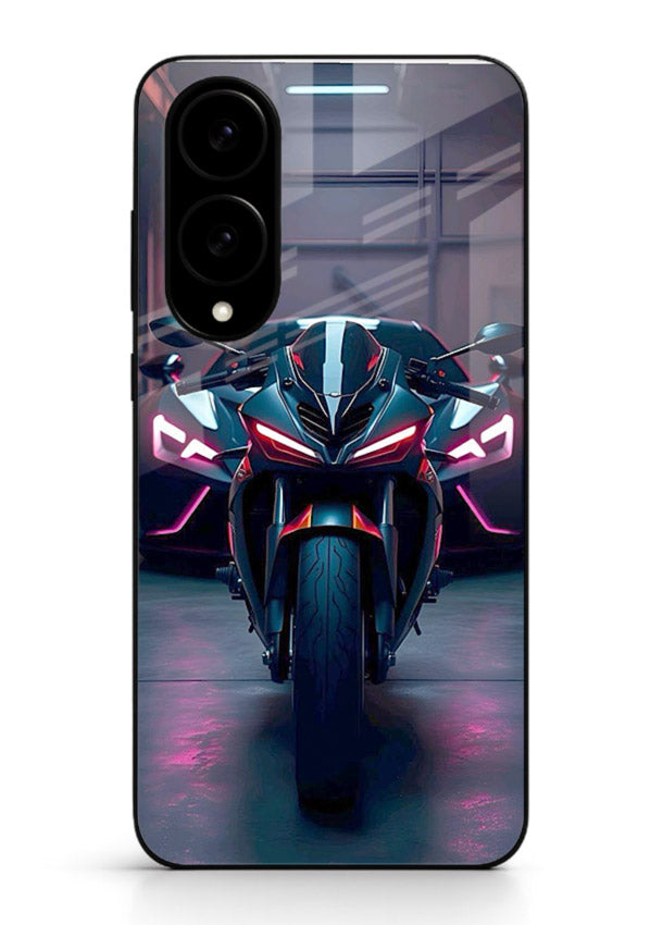 Neon sports bike artwork on glossy tempered glass Samsung S25 Edge back cover