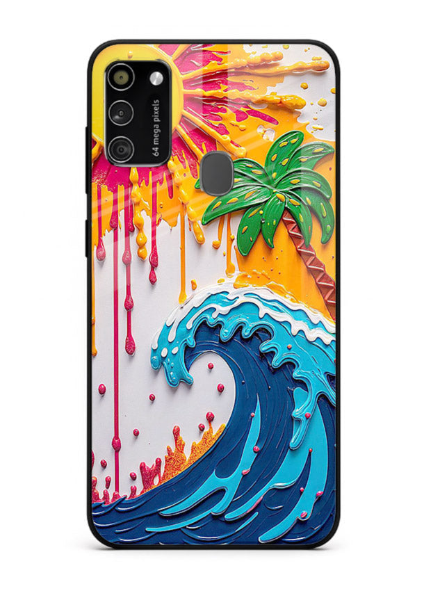 Neon Splash Wave bright abstract wave artwork Samsung M21 glass back cover
