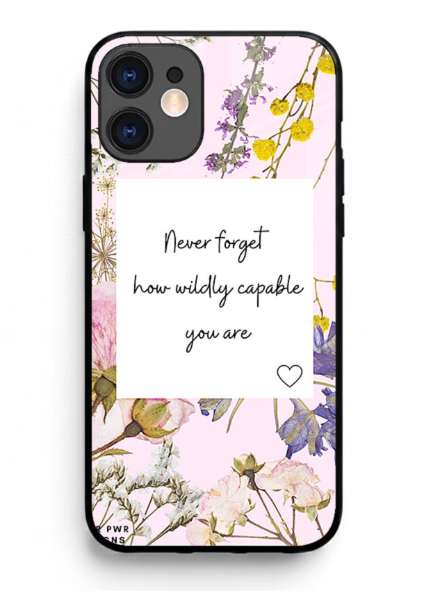 Floral-bordered motivational message printed on iphone 12 glass back cover with soft tones.