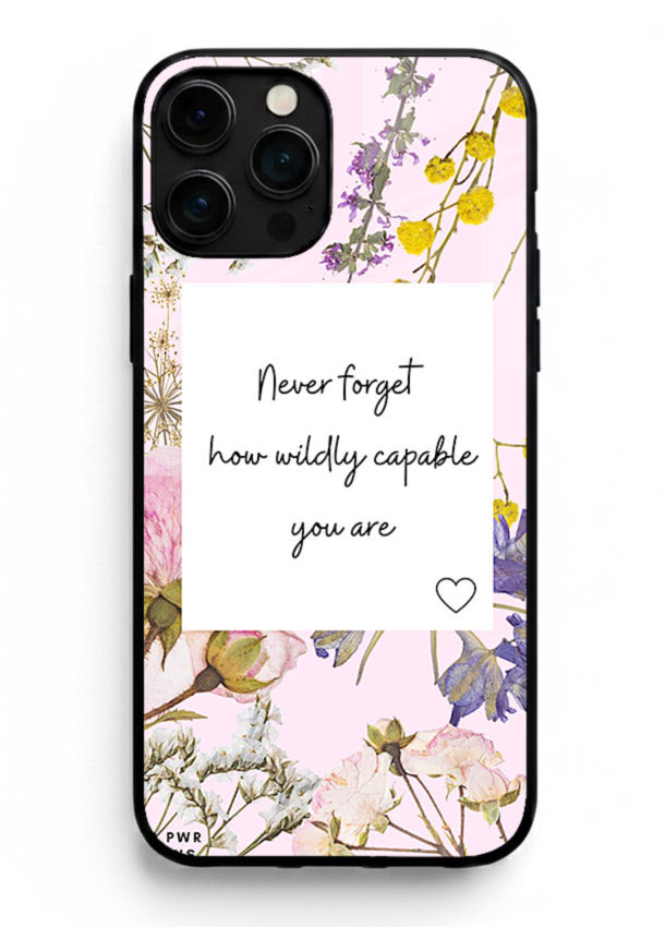 Floral-bordered motivational message printed on iphone 11 pro max glass back cover with soft tones.
