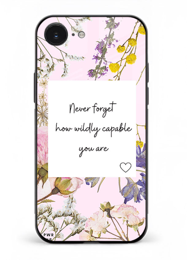 Floral-bordered motivational message printed on iphone 16e glass back cover with soft tones.