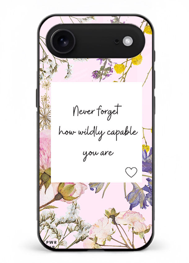 Floral-bordered motivational message printed on iphone 18 air glass back cover with soft tones.