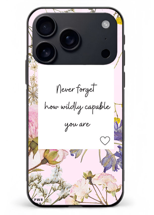 Floral-bordered motivational message printed on iphone 18 pro max glass back cover with soft tones.