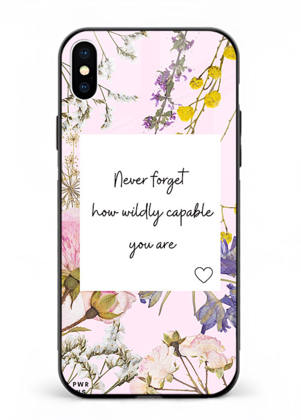 Floral-bordered motivational message printed on iphone xs max glass back cover with soft tones.