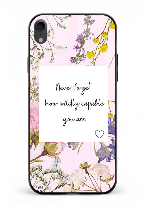 Floral-bordered motivational message printed on iphone xr glass back cover with soft tones.